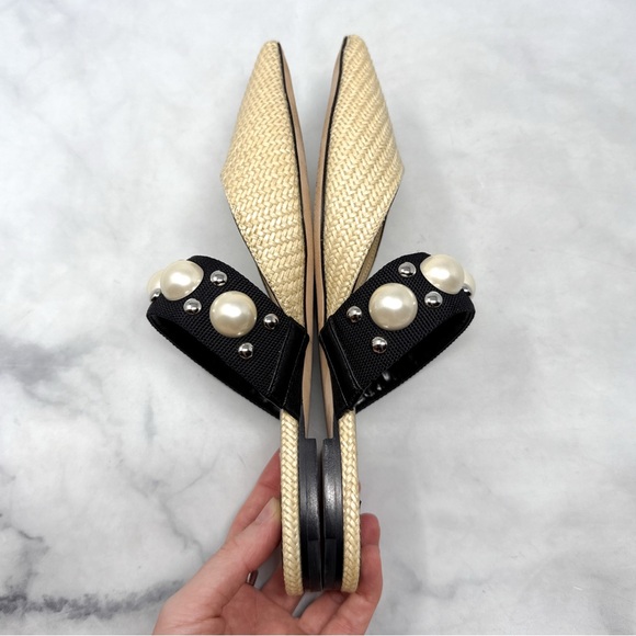 Jimmy Choo Basette Pearl Embellished Raffia Pointed Toe Slide Mule Flat Shoes 38 - Picture 9 of 16